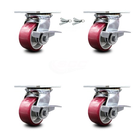 Service Caster 4 Inch Poly on Aluminum Caster Set with Roller Bearing 4 Brake and 2 Swivel Lock SCC-35S420-PAR-SLB-BSL-2-SLB-2
